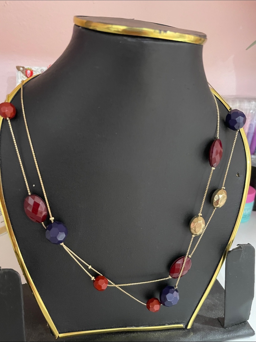 Elegant Multi-Bead Gold-Chain Necklace with Red and Purple Accents